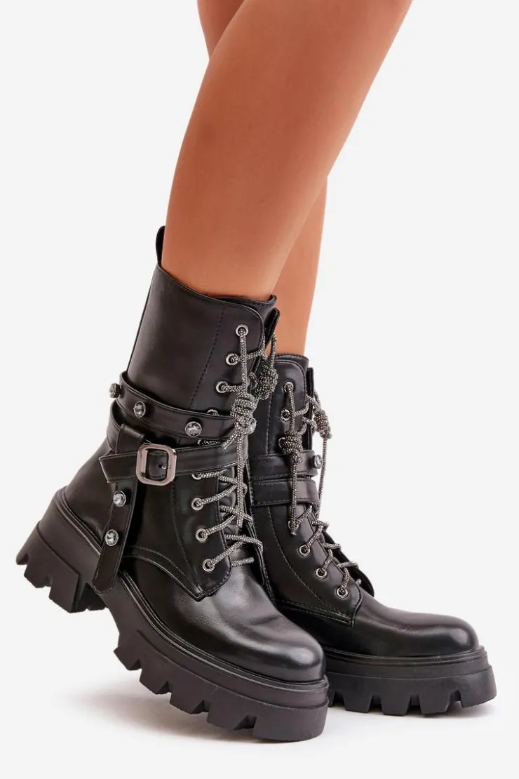 Boto Botki Sznurowane|Czarne Botki*Ocieplane Botki Workery Damskie Z Paskami Czarne Berivana