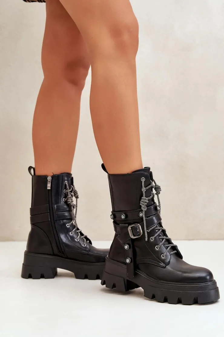 Boto Botki Sznurowane|Czarne Botki*Ocieplane Botki Workery Damskie Z Paskami Czarne Berivana