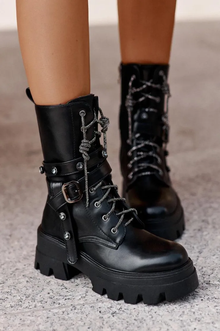 Boto Botki Sznurowane|Czarne Botki*Ocieplane Botki Workery Damskie Z Paskami Czarne Berivana