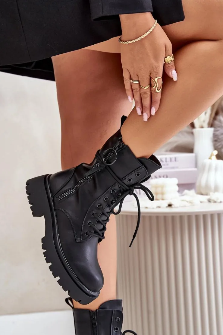 Damskie Boto Ocieplane Botki Workery Damskie Z Eko Skóry Czarne Nealandra