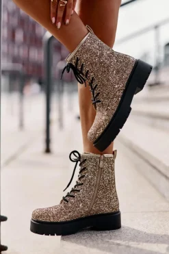 Boto Botki Sznurowane|Botki Płaskie*Ocieplane Botki Workery Damskie Ozdobione Cekinami Złote Liatheine