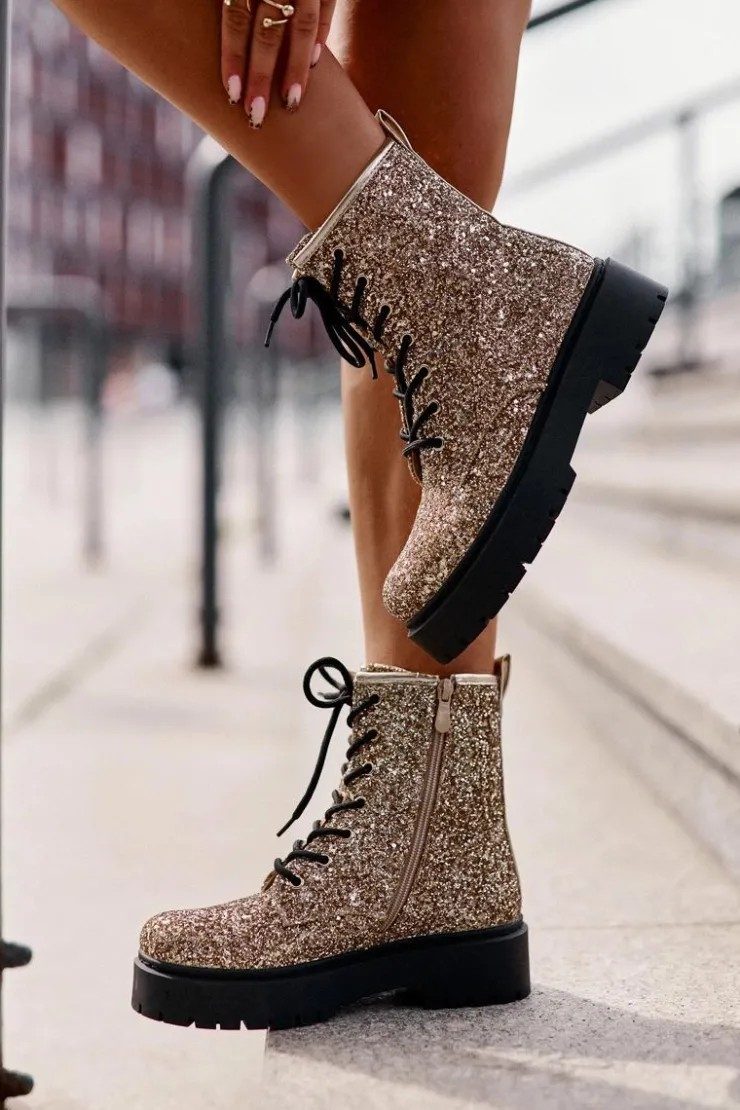 Boto Botki Sznurowane|Botki Płaskie*Ocieplane Botki Workery Damskie Ozdobione Cekinami Złote Liatheine