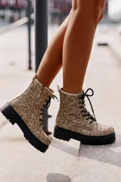 Boto Botki Sznurowane|Botki Płaskie*Ocieplane Botki Workery Damskie Ozdobione Cekinami Złote Liatheine