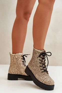 Boto Botki Sznurowane|Botki Płaskie*Ocieplane Botki Workery Damskie Ozdobione Cekinami Złote Liatheine