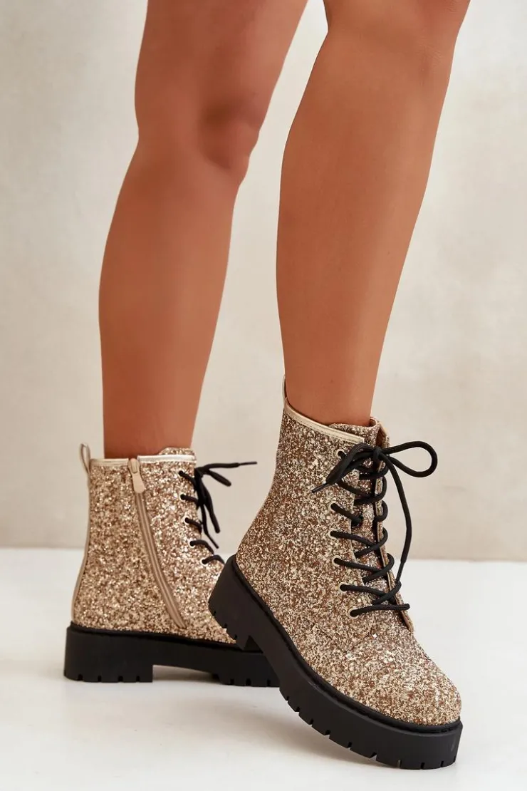 Boto Botki Sznurowane|Botki Płaskie*Ocieplane Botki Workery Damskie Ozdobione Cekinami Złote Liatheine