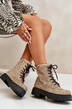 Boto Botki Sznurowane|Botki Płaskie*Ocieplane Botki Workery Damskie Ozdobione Cekinami Złote Liatheine
