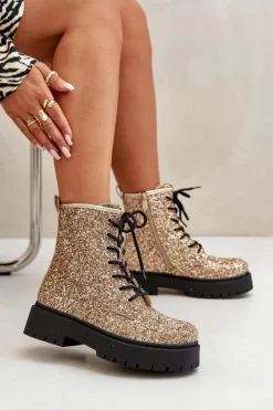Boto Botki Sznurowane|Botki Płaskie*Ocieplane Botki Workery Damskie Ozdobione Cekinami Złote Liatheine