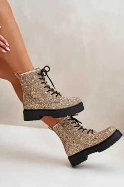 Boto Botki Sznurowane|Botki Płaskie*Ocieplane Botki Workery Damskie Ozdobione Cekinami Złote Liatheine
