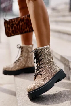 Boto Botki Sznurowane|Botki Płaskie*Ocieplane Botki Workery Damskie Ozdobione Cekinami Złote Liatheine