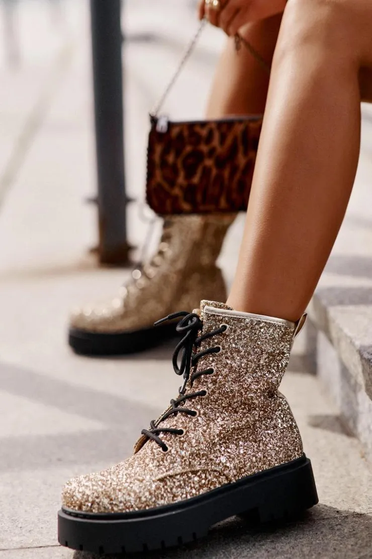 Boto Botki Sznurowane|Botki Płaskie*Ocieplane Botki Workery Damskie Ozdobione Cekinami Złote Liatheine