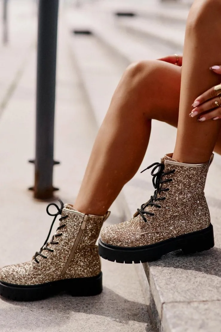 Boto Botki Sznurowane|Botki Płaskie*Ocieplane Botki Workery Damskie Ozdobione Cekinami Złote Liatheine