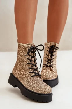 Boto Botki Sznurowane|Botki Płaskie*Ocieplane Botki Workery Damskie Ozdobione Cekinami Złote Liatheine