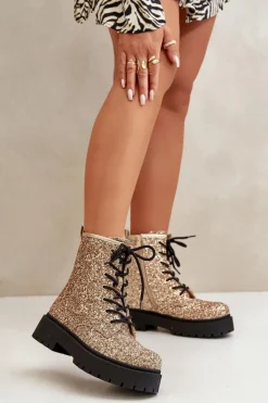 Boto Botki Sznurowane|Botki Płaskie*Ocieplane Botki Workery Damskie Ozdobione Cekinami Złote Liatheine