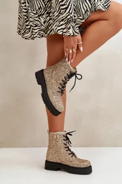 Boto Botki Sznurowane|Botki Płaskie*Ocieplane Botki Workery Damskie Ozdobione Cekinami Złote Liatheine