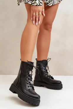 Damskie Boto Ocieplane Botki Workery Damskie Z Przypinkami Czarne Avorira