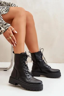 Damskie Boto Ocieplane Botki Workery Damskie Z Przypinkami Czarne Avorira