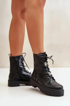 Damskie Boto Ocieplane Botki Workery Damskie Z Przypinkami Czarne Avorira