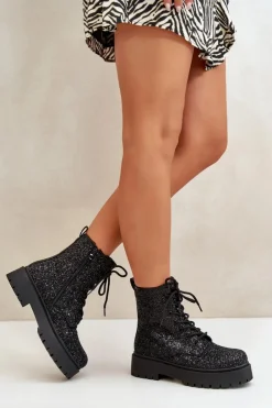 Damskie Boto Ocieplane Botki Workery Damskie Ozdobione Cekinami Czarne Liatheine