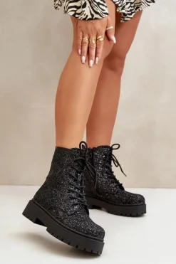 Damskie Boto Ocieplane Botki Workery Damskie Ozdobione Cekinami Czarne Liatheine