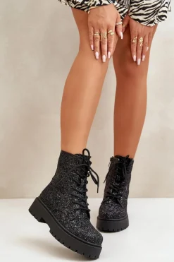 Damskie Boto Ocieplane Botki Workery Damskie Ozdobione Cekinami Czarne Liatheine