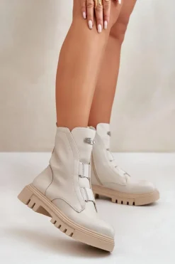 Damskie Boto Ocieplane Botki Workery Damskie Na Zamek Eko Skórzane Jasnobeżowe Mailyra