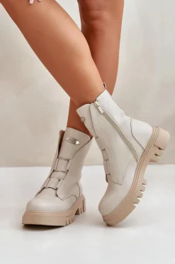 Damskie Boto Ocieplane Botki Workery Damskie Na Zamek Eko Skórzane Jasnobeżowe Mailyra