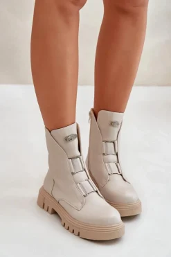 Damskie Boto Ocieplane Botki Workery Damskie Na Zamek Eko Skórzane Jasnobeżowe Mailyra