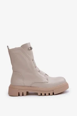 Damskie Boto Ocieplane Botki Workery Damskie Na Zamek Eko Skórzane Jasnobeżowe Mailyra