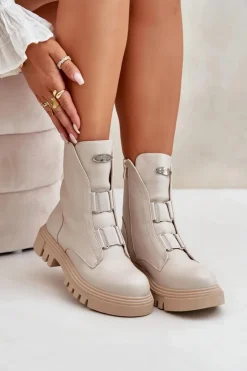 Damskie Boto Ocieplane Botki Workery Damskie Na Zamek Eko Skórzane Jasnobeżowe Mailyra