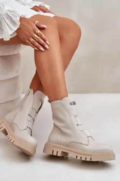 Damskie Boto Ocieplane Botki Workery Damskie Na Zamek Eko Skórzane Jasnobeżowe Mailyra