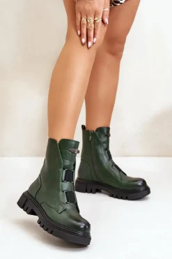Damskie Boto Ocieplane Botki Workery Damskie Na Zamek Eko Skórzane Zielone Mailyra