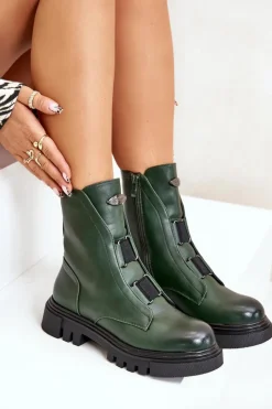 Damskie Boto Ocieplane Botki Workery Damskie Na Zamek Eko Skórzane Zielone Mailyra