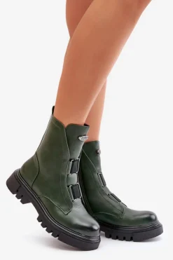 Damskie Boto Ocieplane Botki Workery Damskie Na Zamek Eko Skórzane Zielone Mailyra
