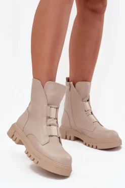 Boto Botki Zimowe Damskie|Brązowe I Beżowe Botki*Ocieplane Botki Workery Damskie Na Zamek Eko Skórzane Jasnobeżowe Mailyra Beżowy