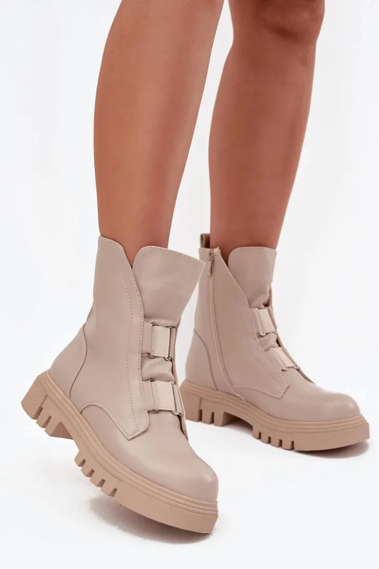 Boto Botki Zimowe Damskie|Brązowe I Beżowe Botki*Ocieplane Botki Workery Damskie Na Zamek Eko Skórzane Jasnobeżowe Mailyra Beżowy