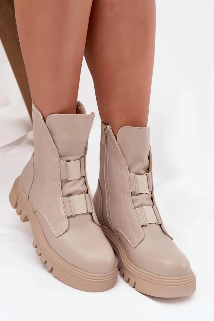 Boto Botki Zimowe Damskie|Brązowe I Beżowe Botki*Ocieplane Botki Workery Damskie Na Zamek Eko Skórzane Jasnobeżowe Mailyra Beżowy