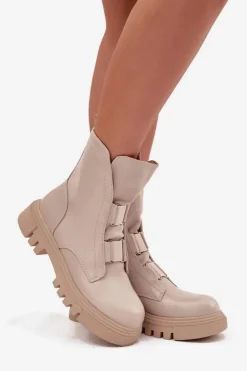 Boto Botki Zimowe Damskie|Brązowe I Beżowe Botki*Ocieplane Botki Workery Damskie Na Zamek Eko Skórzane Jasnobeżowe Mailyra Beżowy