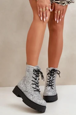 Sale Boto Ocieplane Botki Workery Damskie Ozdobione Cekinami Srebrne Liatheine