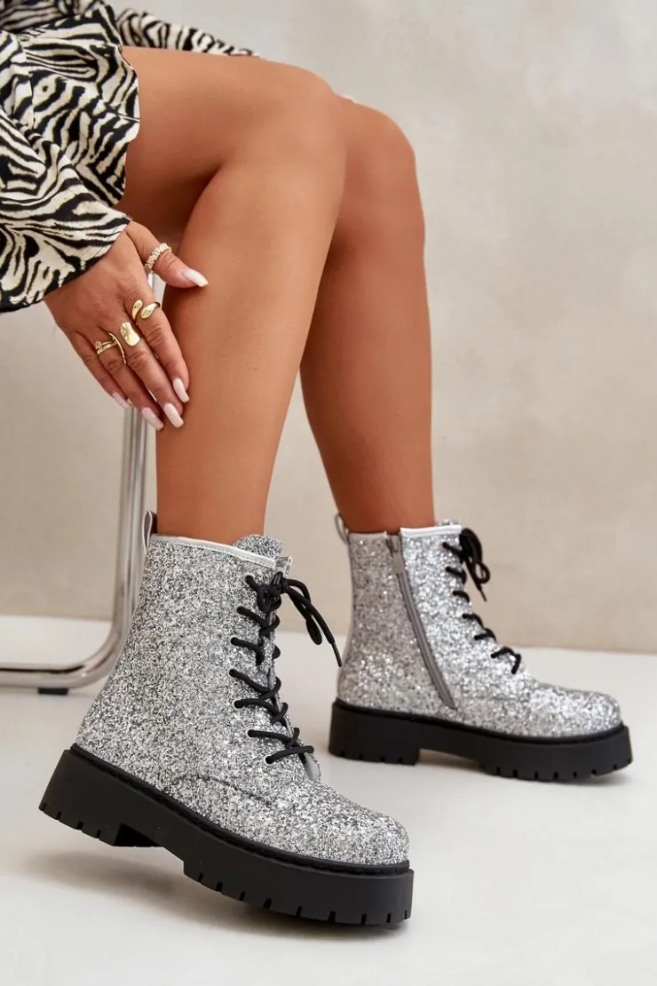 Sale Boto Ocieplane Botki Workery Damskie Ozdobione Cekinami Srebrne Liatheine