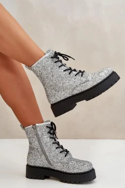 Sale Boto Ocieplane Botki Workery Damskie Ozdobione Cekinami Srebrne Liatheine