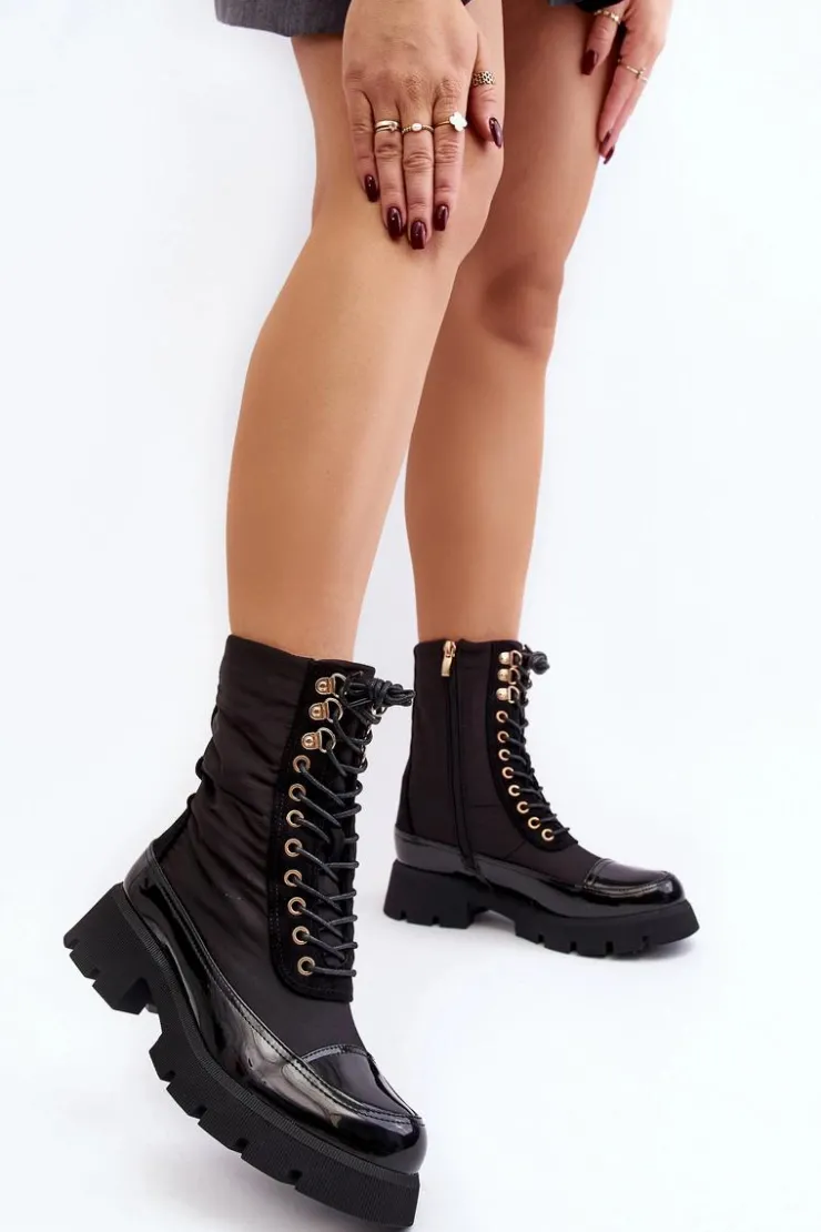 Boto Botki Ocieplane|Botki Sznurowane*Ocieplane Botki Workery Na Płaskim Obcasie Czarne Saranema Czarny