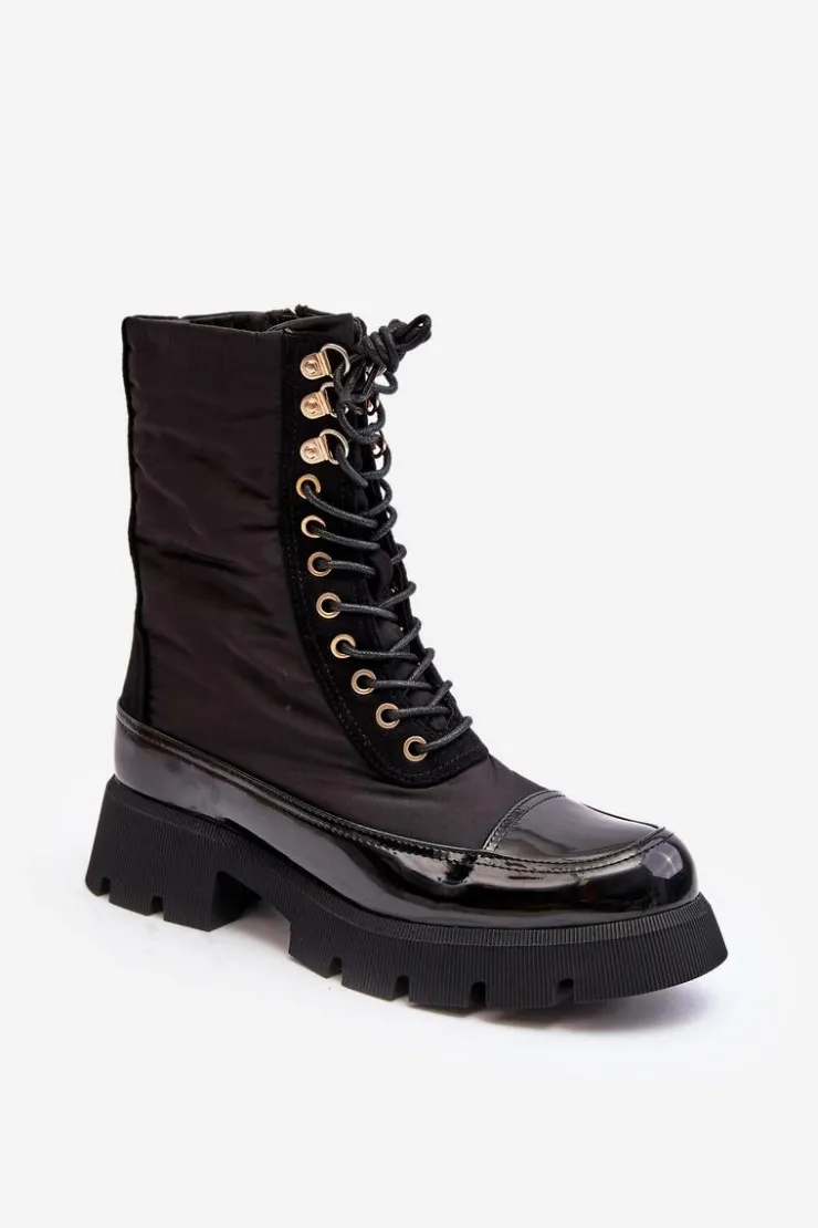 Boto Botki Ocieplane|Botki Sznurowane*Ocieplane Botki Workery Na Płaskim Obcasie Czarne Saranema Czarny