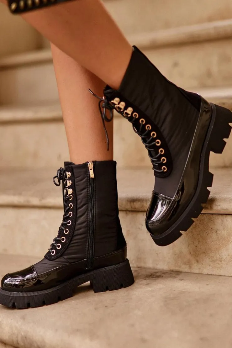 Boto Botki Ocieplane|Botki Sznurowane*Ocieplane Botki Workery Na Płaskim Obcasie Czarne Saranema Czarny