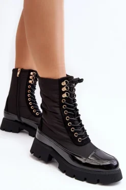 Boto Botki Ocieplane|Botki Sznurowane*Ocieplane Botki Workery Na Płaskim Obcasie Czarne Saranema Czarny