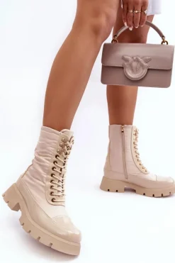 Hot Boto Ocieplane Botki Workery Na Płaskim Obcasie Beżowe Saranema