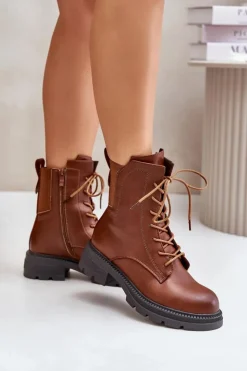 Boto Botki Ocieplane|Botki Zimowe Damskie*Ocieplane Botki Workery Na Zamek Brązowe Leairae Brązowy