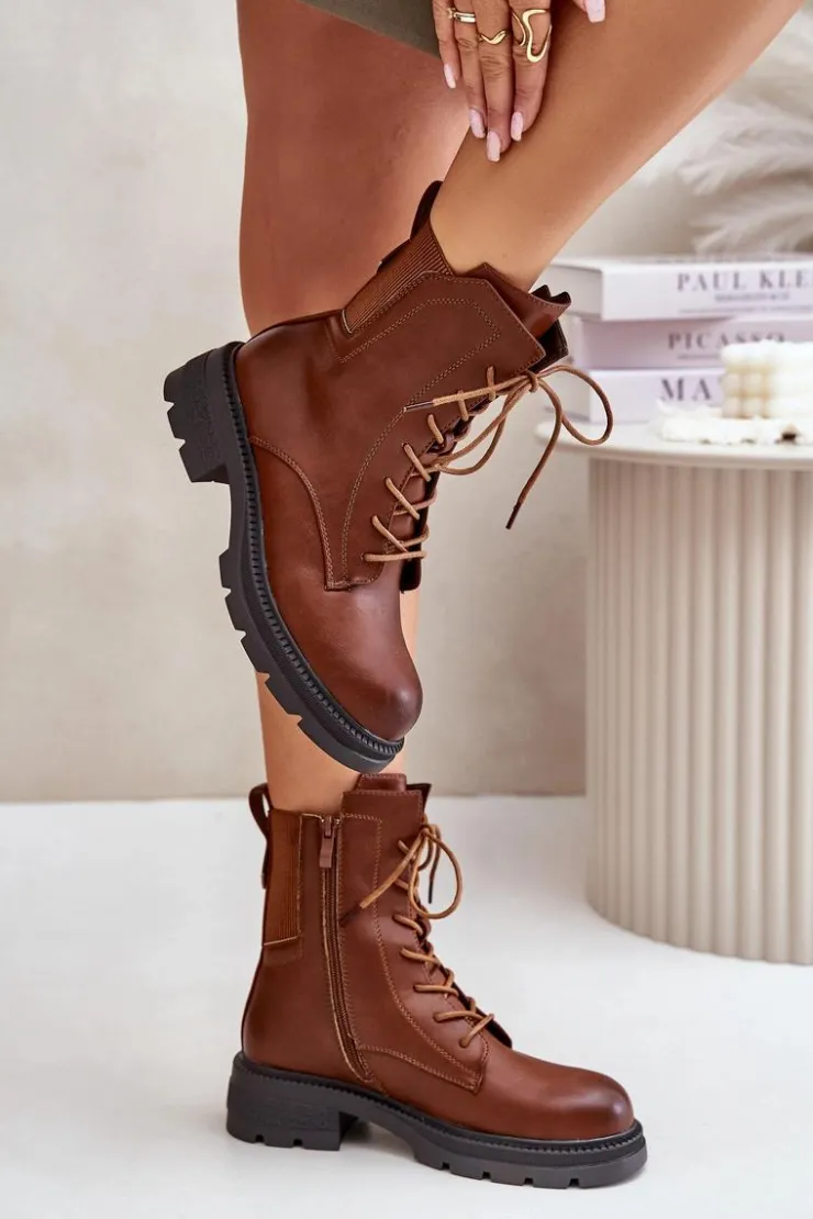 Boto Botki Ocieplane|Botki Zimowe Damskie*Ocieplane Botki Workery Na Zamek Brązowe Leairae Brązowy