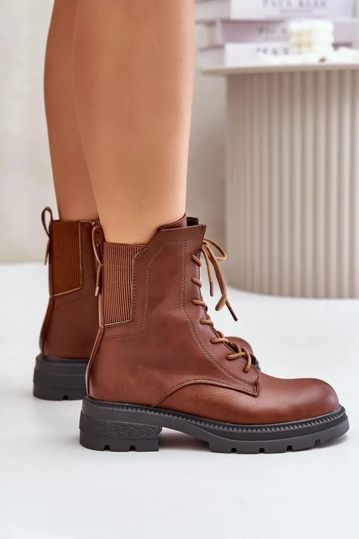 Boto Botki Ocieplane|Botki Zimowe Damskie*Ocieplane Botki Workery Na Zamek Brązowe Leairae Brązowy