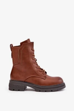 Boto Botki Ocieplane|Botki Zimowe Damskie*Ocieplane Botki Workery Na Zamek Brązowe Leairae Brązowy