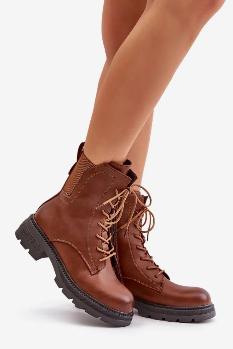 Boto Botki Ocieplane|Botki Zimowe Damskie*Ocieplane Botki Workery Na Zamek Brązowe Leairae Brązowy